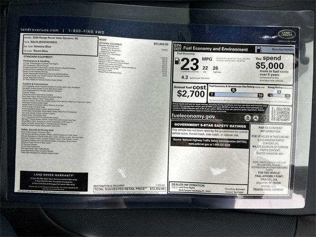 2026 Land Rover Range Rover Velar Dynamic SE